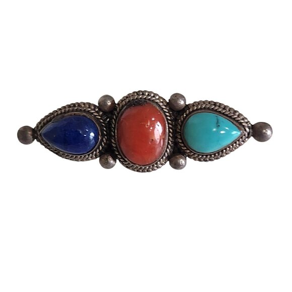 Vintage Sterling Silver Brooch With Lapis Coral & Turquoise Stones - Picture 1 of 2